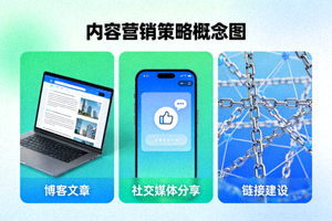 内容营销策略概念图 - 展示博客文章、社交媒体分享和链接建设的视觉元素